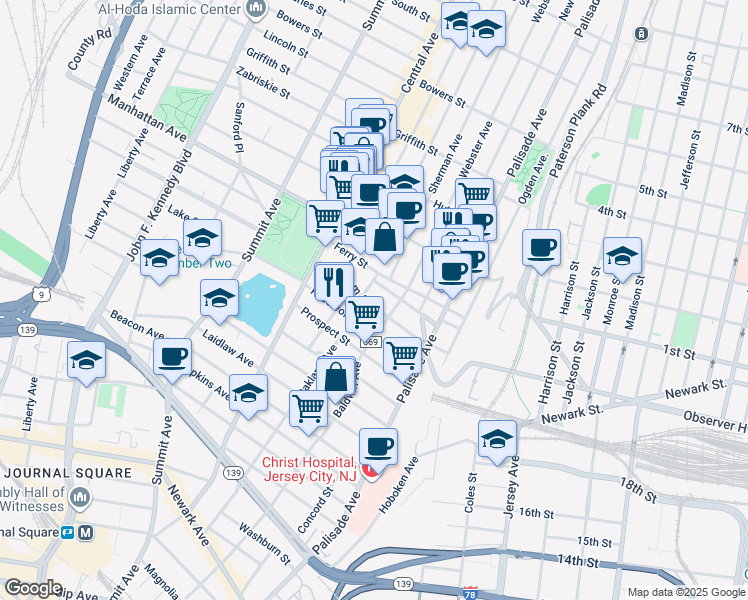 map of restaurants, bars, coffee shops, grocery stores, and more near 91 Booraem Avenue in Jersey City