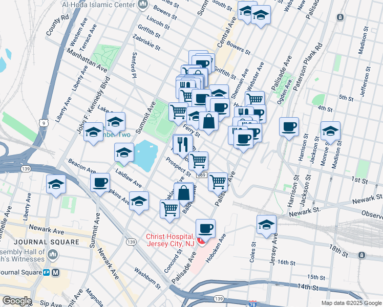 map of restaurants, bars, coffee shops, grocery stores, and more near 91 Booraem Avenue in Jersey City