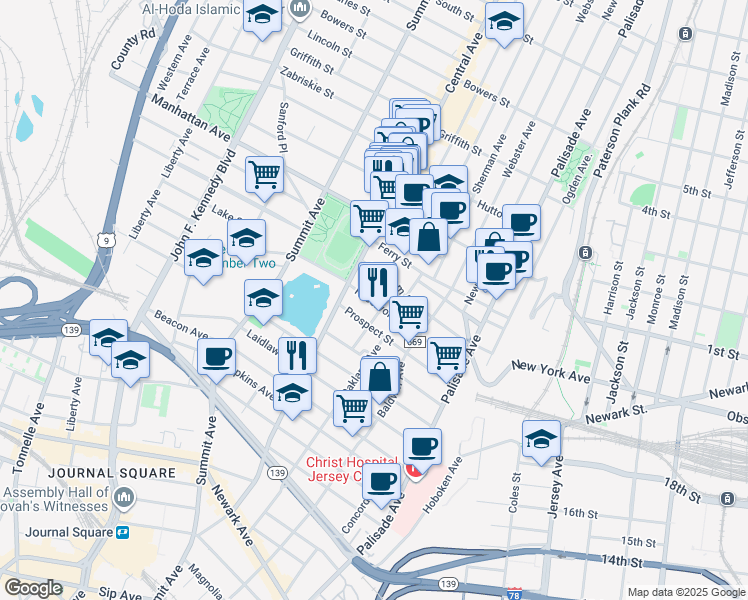 map of restaurants, bars, coffee shops, grocery stores, and more near 91 Reservoir Avenue in Jersey City