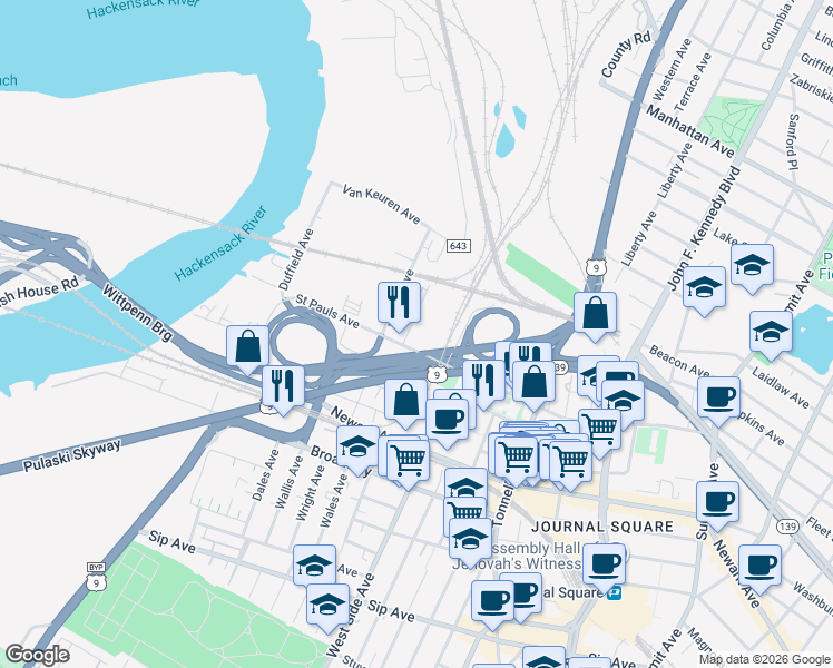 map of restaurants, bars, coffee shops, grocery stores, and more near 1183 West Side Avenue in Jersey City