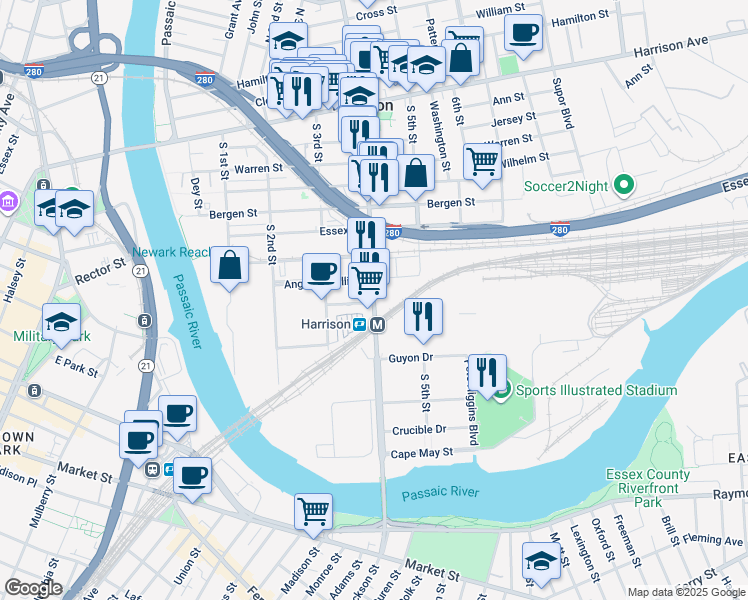 map of restaurants, bars, coffee shops, grocery stores, and more near in Harrison