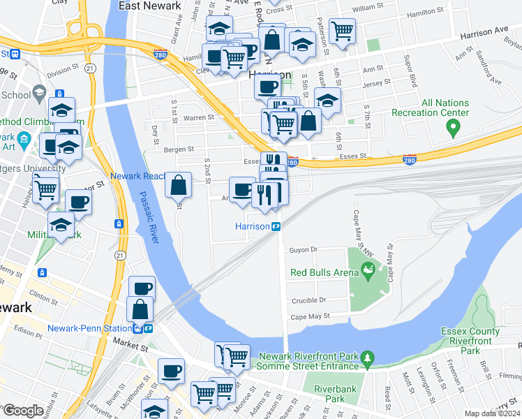 map of restaurants, bars, coffee shops, grocery stores, and more near 301 Somerset Street in Harrison