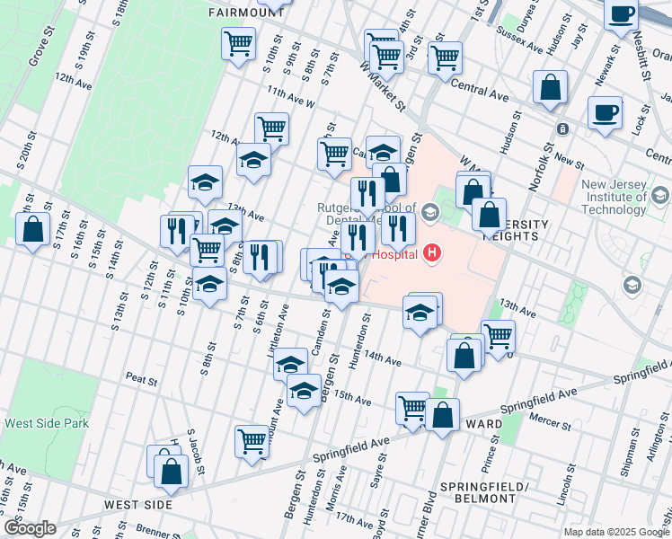 map of restaurants, bars, coffee shops, grocery stores, and more near 216 Fairmount Avenue in Newark