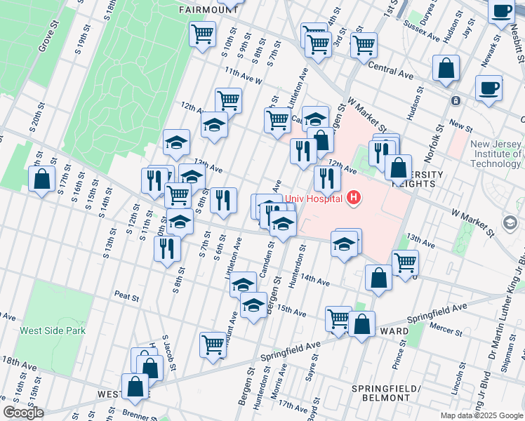 map of restaurants, bars, coffee shops, grocery stores, and more near 216 Fairmount Avenue in Newark