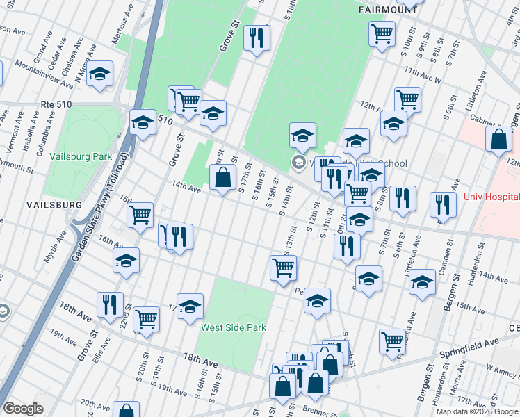 map of restaurants, bars, coffee shops, grocery stores, and more near 458 South 16th Street in Newark