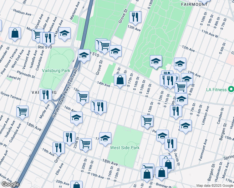 map of restaurants, bars, coffee shops, grocery stores, and more near 492 South 19th Street in Newark