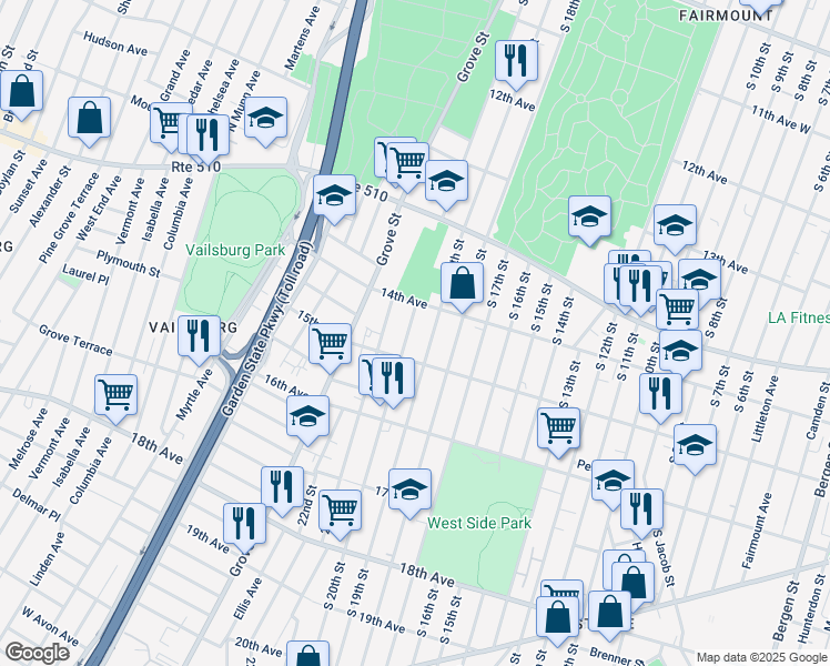 map of restaurants, bars, coffee shops, grocery stores, and more near 492 South 19th Street in Newark