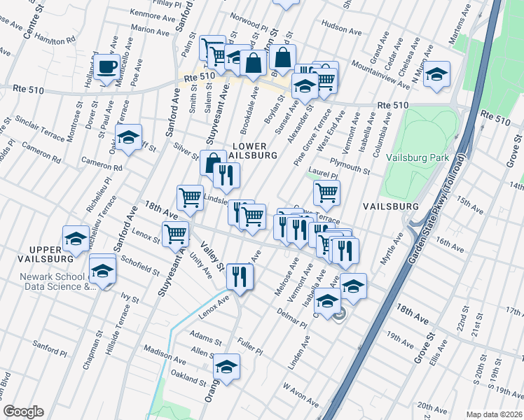 map of restaurants, bars, coffee shops, grocery stores, and more near 169 West End Avenue in Newark
