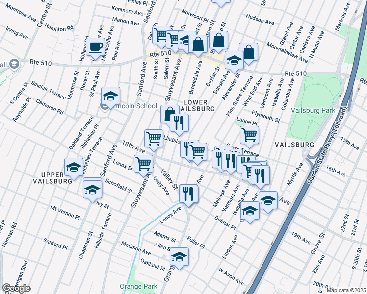 map of restaurants, bars, coffee shops, grocery stores, and more near 180 Brookdale Avenue in Newark
