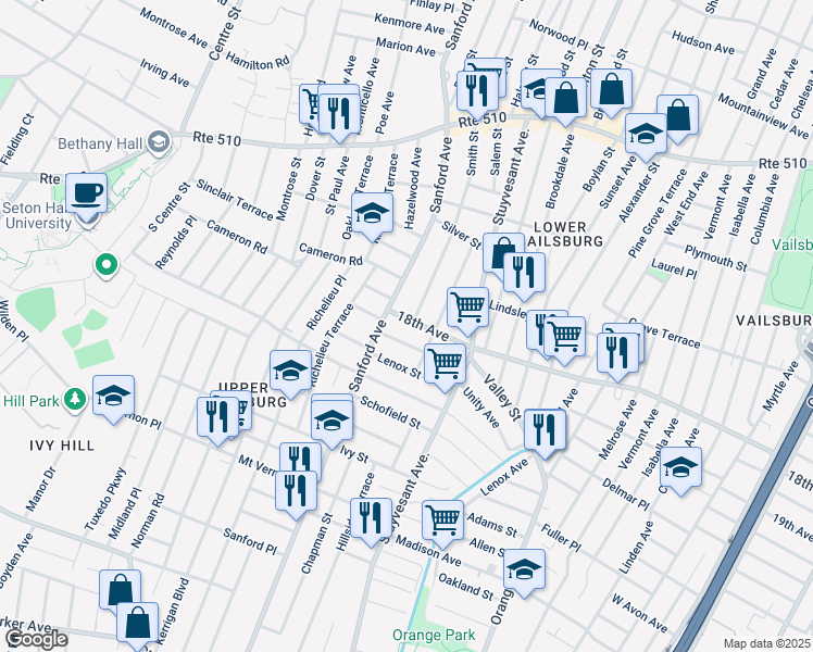 map of restaurants, bars, coffee shops, grocery stores, and more near 53 Commonwealth Avenue in Newark