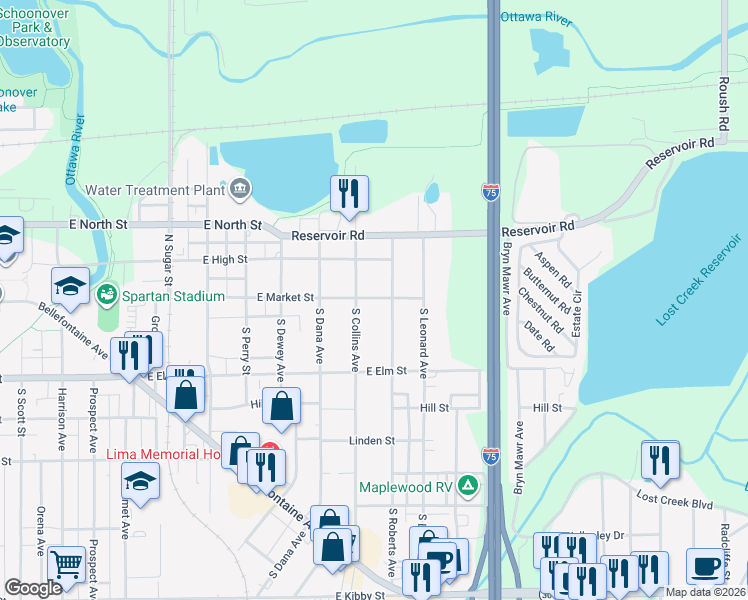 map of restaurants, bars, coffee shops, grocery stores, and more near 1504 East Market Street in Lima
