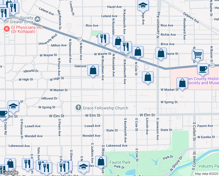 map of restaurants, bars, coffee shops, grocery stores, and more near 1351-1399 W Market St in Lima