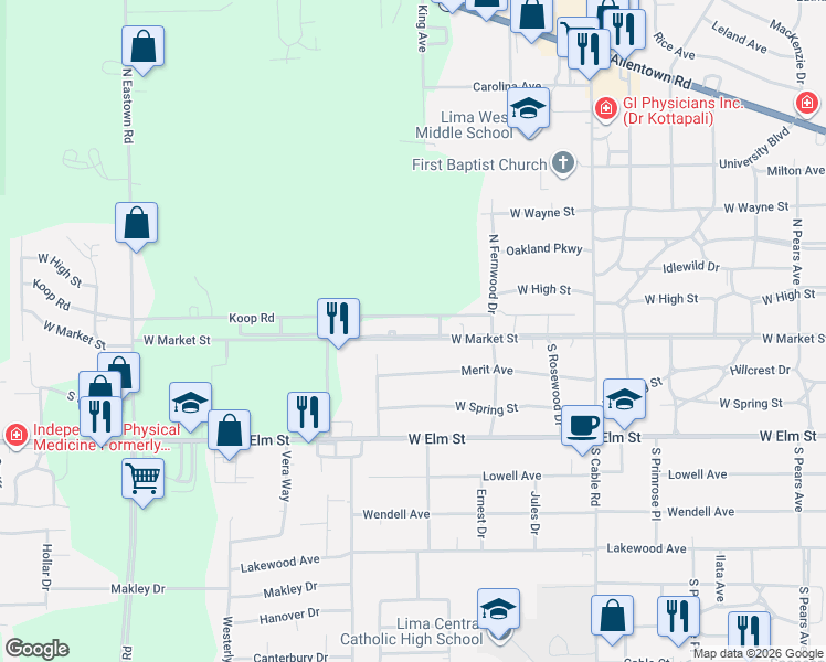 map of restaurants, bars, coffee shops, grocery stores, and more near 2541 West Market Street in Lima