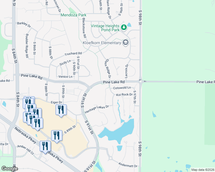 map of restaurants, bars, coffee shops, grocery stores, and more near 7119 South 94th Court in Lincoln