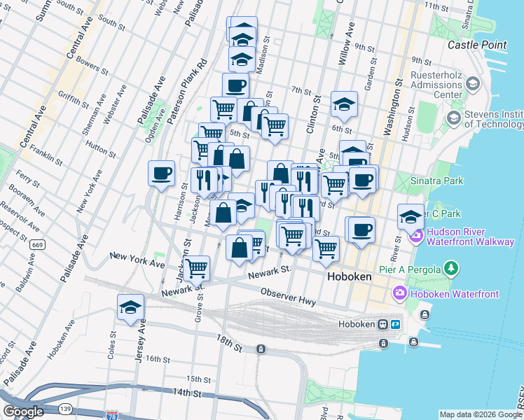 map of restaurants, bars, coffee shops, grocery stores, and more near 450 2nd Street in Hoboken