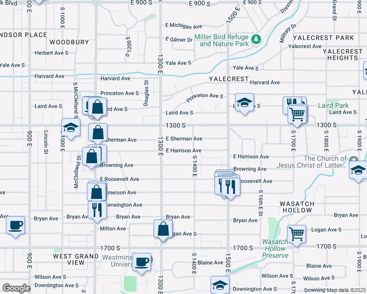 map of restaurants, bars, coffee shops, grocery stores, and more near 1363 Harrison Avenue South in Salt Lake City