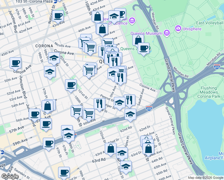 map of restaurants, bars, coffee shops, grocery stores, and more near 106-09 Otis Avenue in Queens