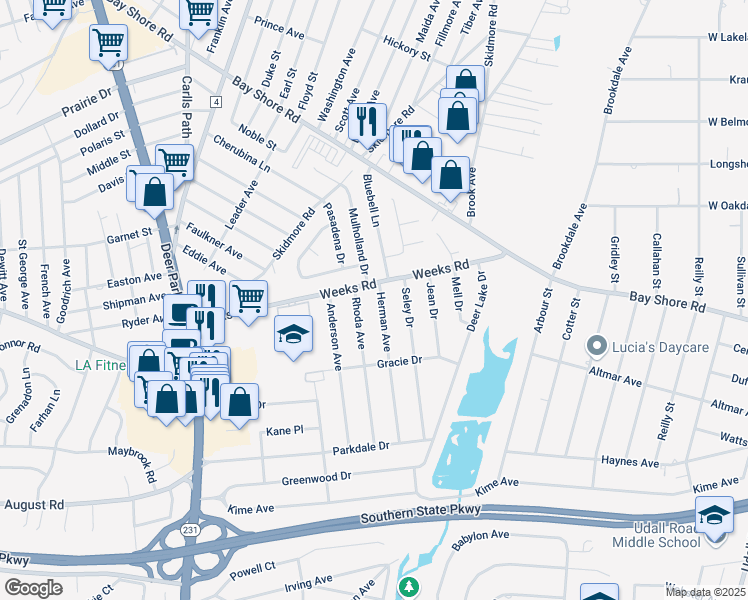 map of restaurants, bars, coffee shops, grocery stores, and more near 93 Herman Avenue in North Babylon