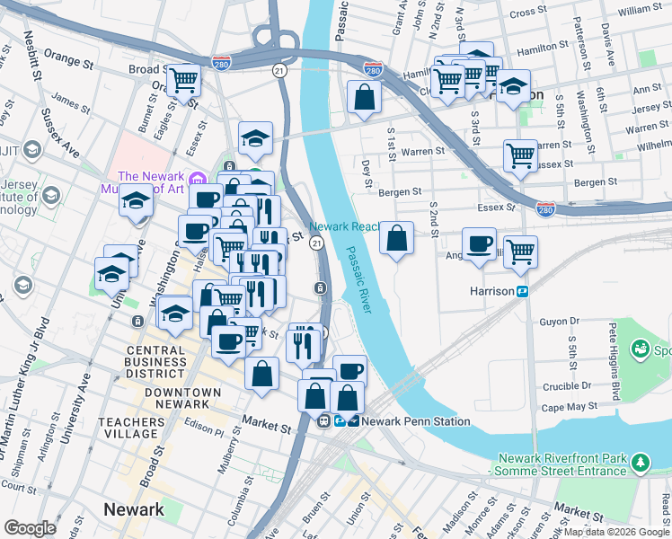 map of restaurants, bars, coffee shops, grocery stores, and more near 930 McCarter Highway in Newark