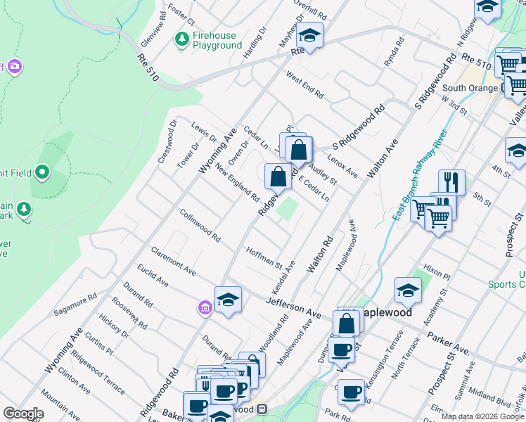 map of restaurants, bars, coffee shops, grocery stores, and more near 146 Ridgewood Road in Maplewood