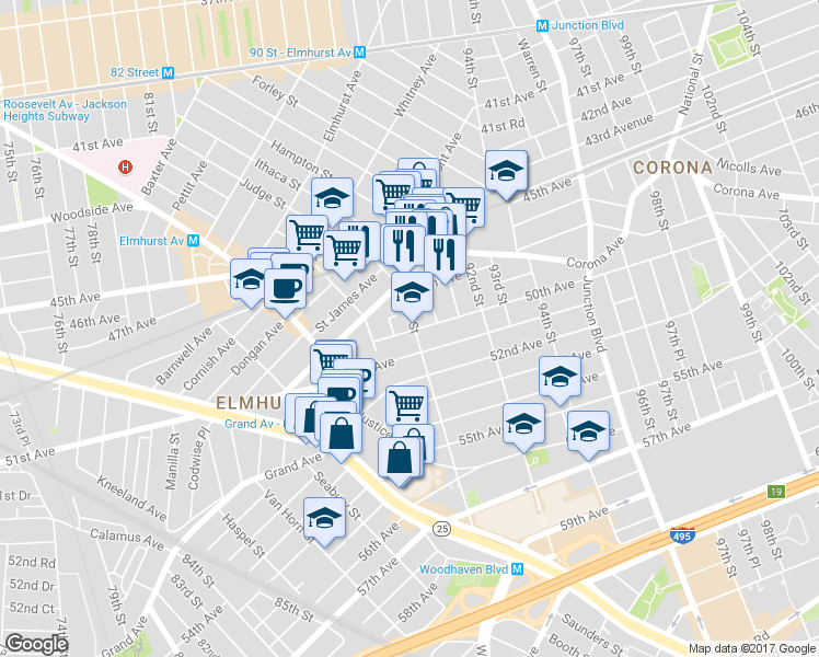 map of restaurants, bars, coffee shops, grocery stores, and more near 48-36 90th Street in Queens