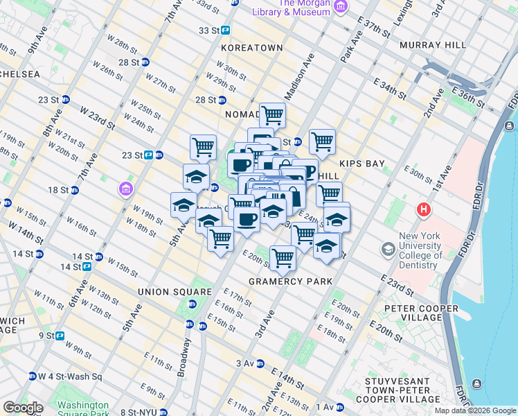 map of restaurants, bars, coffee shops, grocery stores, and more near 99 East 23rd Street in New York