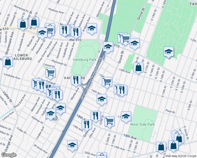 map of restaurants, bars, coffee shops, grocery stores, and more near 126 Eastern Parkway in Irvington