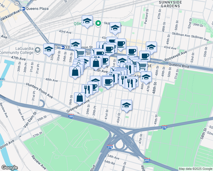 map of restaurants, bars, coffee shops, grocery stores, and more near 40-15 48th Avenue in Queens