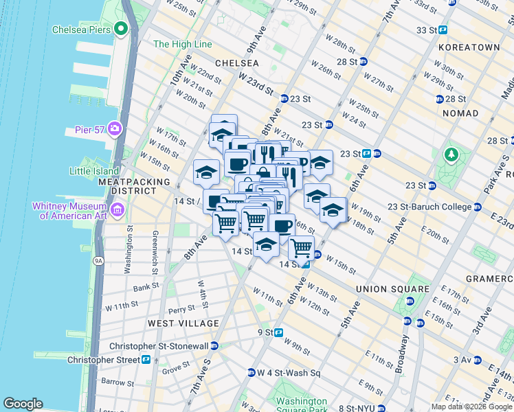 map of restaurants, bars, coffee shops, grocery stores, and more near 210 West 16th Street in New York