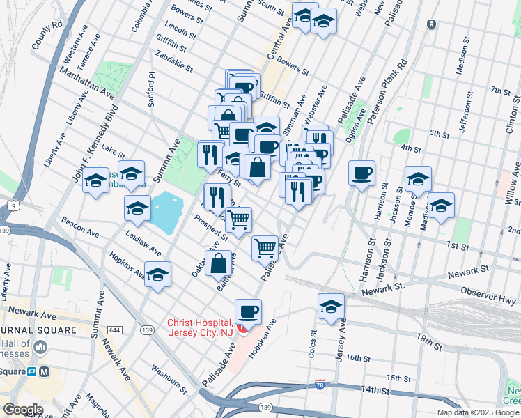 map of restaurants, bars, coffee shops, grocery stores, and more near 47 Webster Avenue in Jersey City