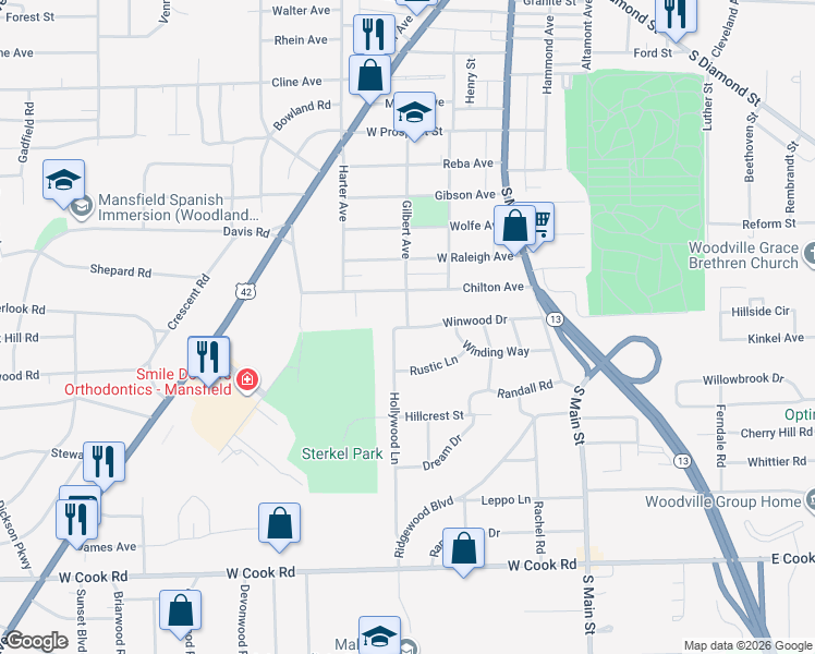 map of restaurants, bars, coffee shops, grocery stores, and more near 673 Hollywood Lane in Mansfield