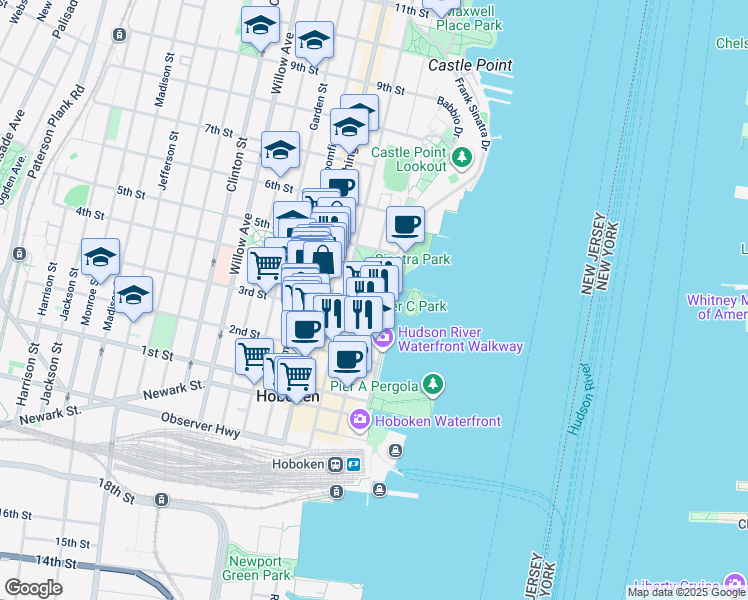 map of restaurants, bars, coffee shops, grocery stores, and more near 2 Marine View Plaza in Hoboken