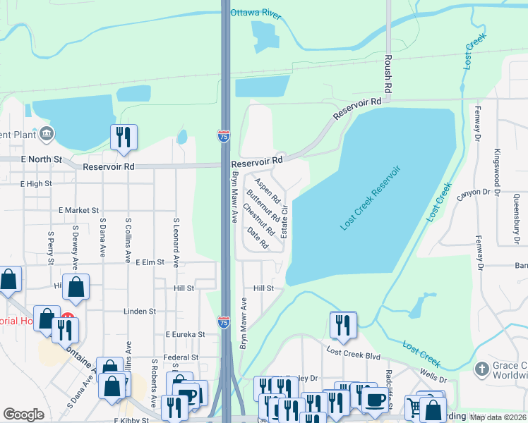 map of restaurants, bars, coffee shops, grocery stores, and more near 418 Butternut Road in Lima