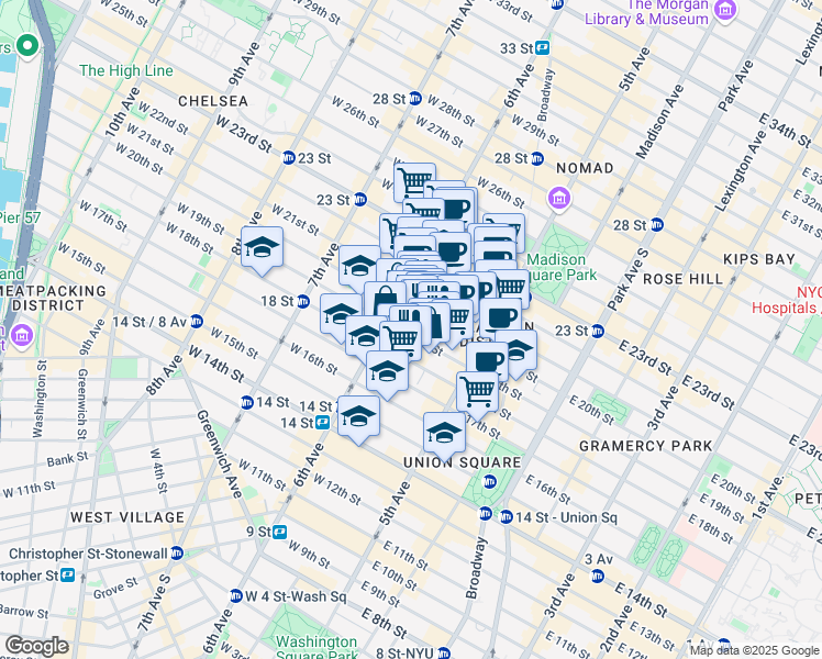 map of restaurants, bars, coffee shops, grocery stores, and more near 636 6th Avenue in New York