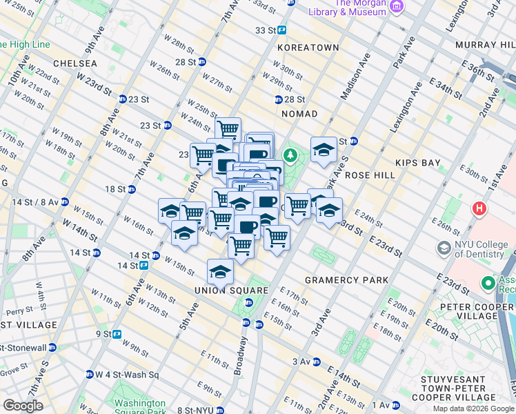map of restaurants, bars, coffee shops, grocery stores, and more near 925 Broadway in New York