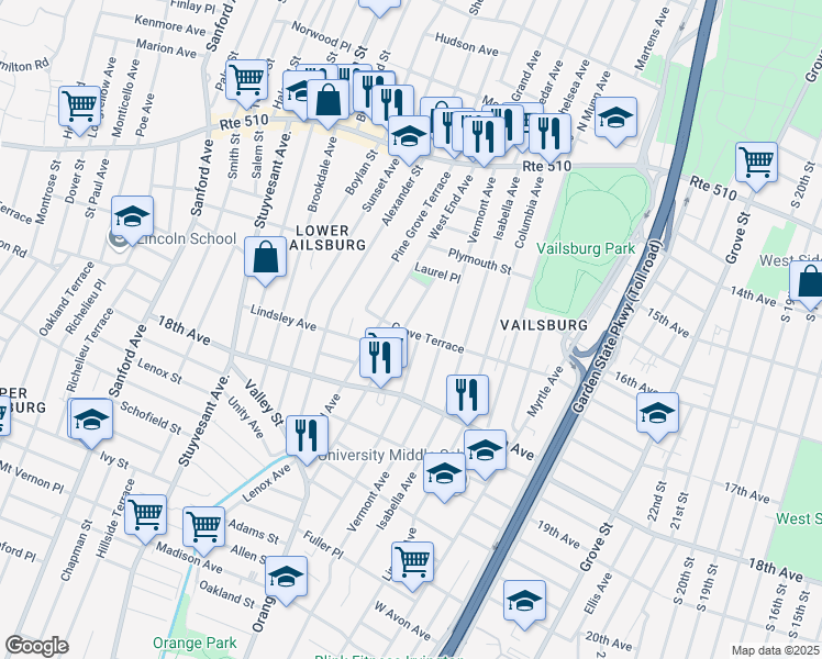 map of restaurants, bars, coffee shops, grocery stores, and more near 61 Carolina Avenue in Newark