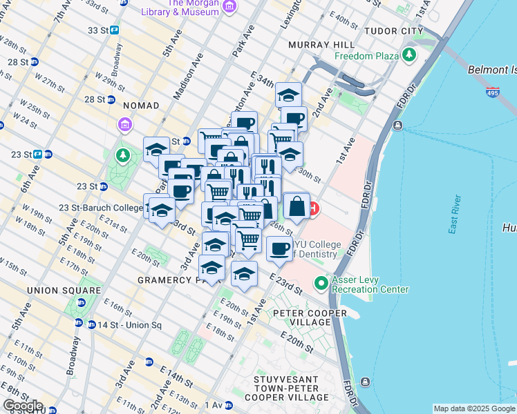 map of restaurants, bars, coffee shops, grocery stores, and more near 240 East 27th Street in New York