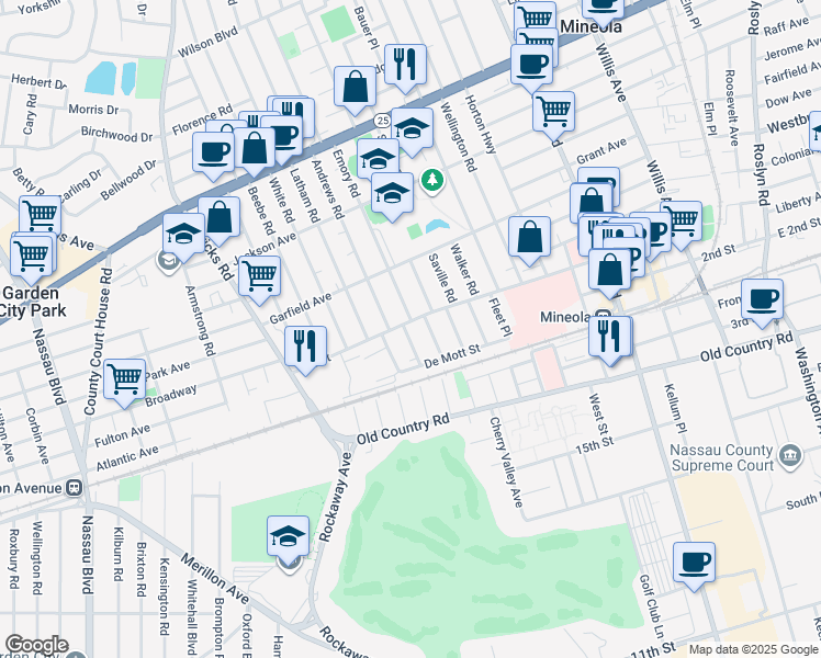 map of restaurants, bars, coffee shops, grocery stores, and more near 103 Skelly Place in Mineola