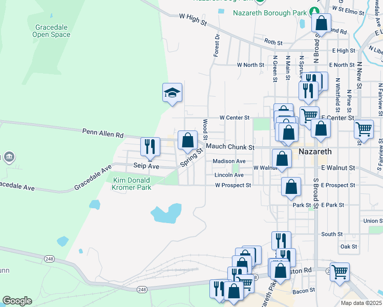 map of restaurants, bars, coffee shops, grocery stores, and more near 142 Spring Street in Nazareth