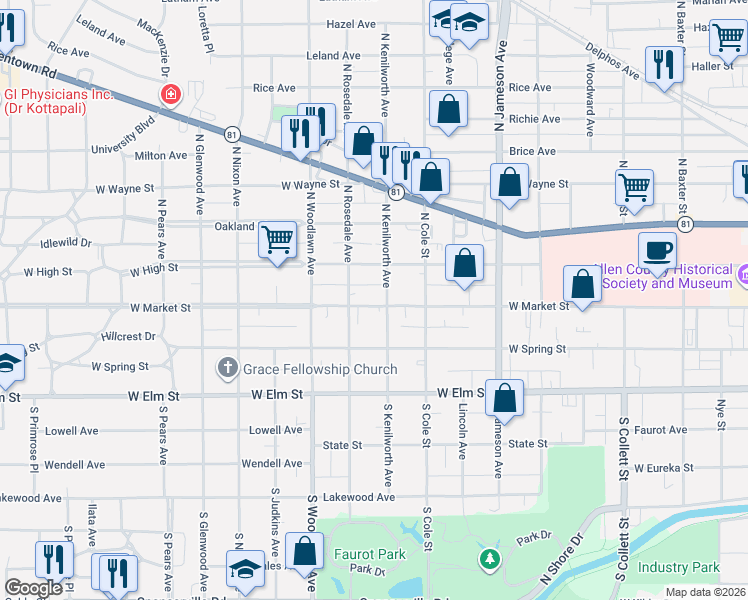 map of restaurants, bars, coffee shops, grocery stores, and more near 1208 West Market Street in Lima