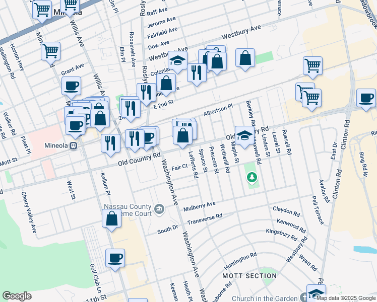 map of restaurants, bars, coffee shops, grocery stores, and more near 131 Lefferts Road in Garden City