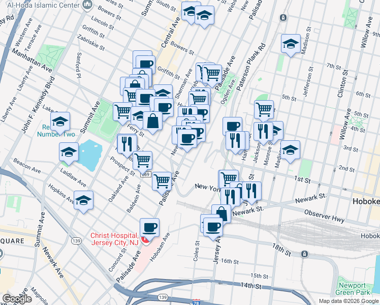 map of restaurants, bars, coffee shops, grocery stores, and more near 161 Ogden Avenue in Jersey City