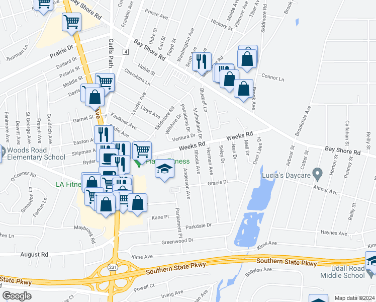 map of restaurants, bars, coffee shops, grocery stores, and more near 100 Rhoda Avenue in North Babylon