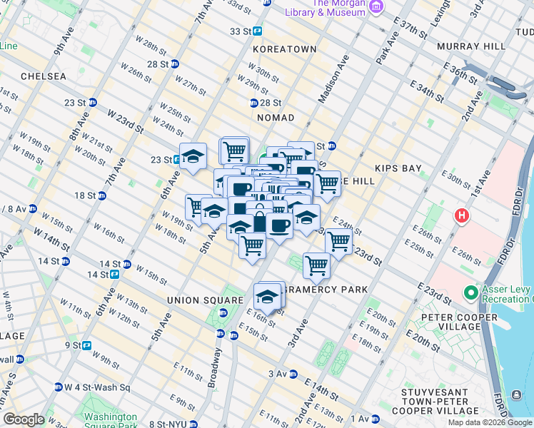 map of restaurants, bars, coffee shops, grocery stores, and more near 27 East 22nd Street in New York