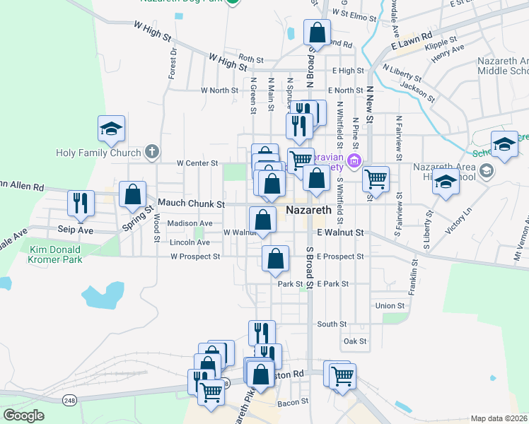 map of restaurants, bars, coffee shops, grocery stores, and more near 110 South Main Street in Nazareth