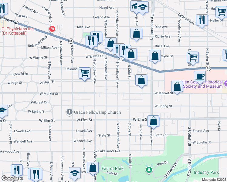 map of restaurants, bars, coffee shops, grocery stores, and more near 1208 West Market Street in Lima