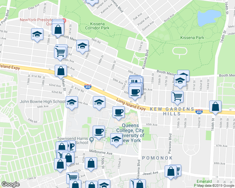 map of restaurants, bars, coffee shops, grocery stores, and more near 150-43 Horace Harding Expressway in Queens