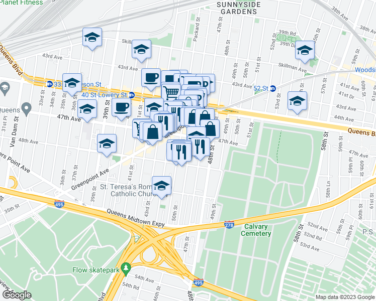 map of restaurants, bars, coffee shops, grocery stores, and more near 47-37 45th Street in Queens