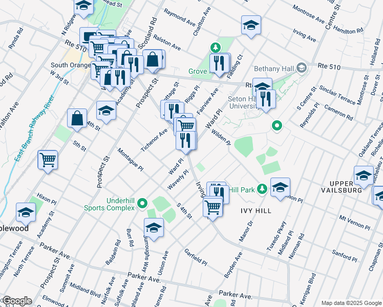 map of restaurants, bars, coffee shops, grocery stores, and more near 400 Irvington Avenue in South Orange