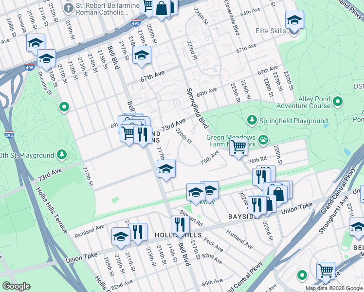 map of restaurants, bars, coffee shops, grocery stores, and more near 21936 74th Avenue in Queens